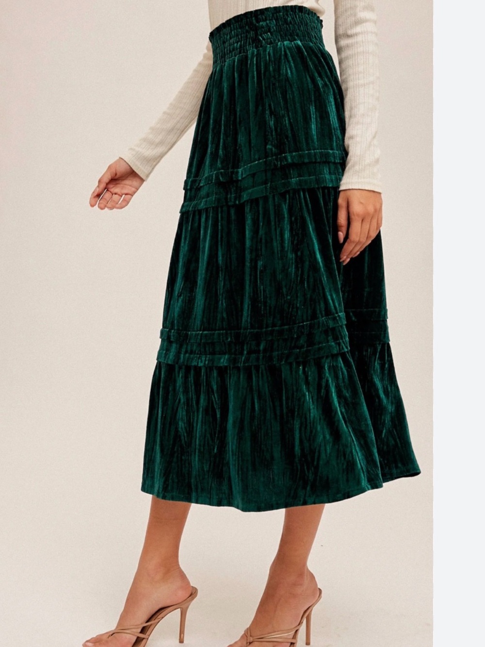Hem & Thread Sea Green Velvet Tiered Midi Skirt